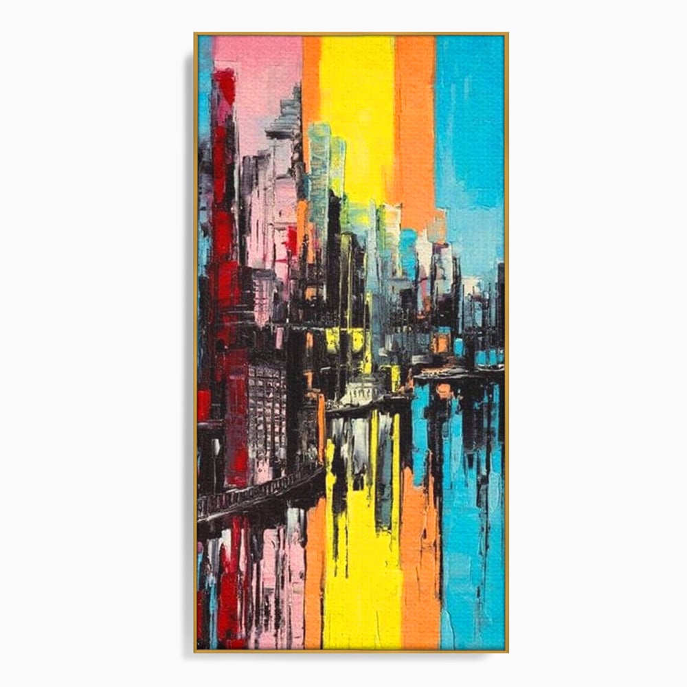 Tablou canvas cu tablou abstract cu cladiri si reflexii, in rama de aluminiu auriu